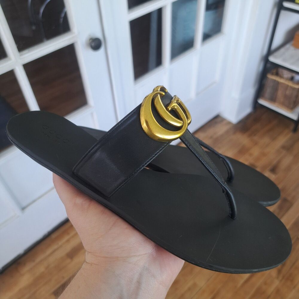 Gucci Marmot Laveugle Par Amour GG Women’s Black Leather Thong Sandals Size 39 - Picture 2 of 9